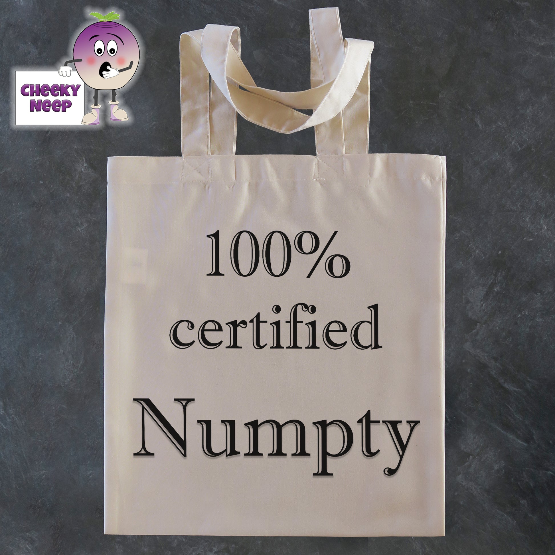 Tote Shopping bag in natural with the words "100% Certified Numpty" printed on the bag