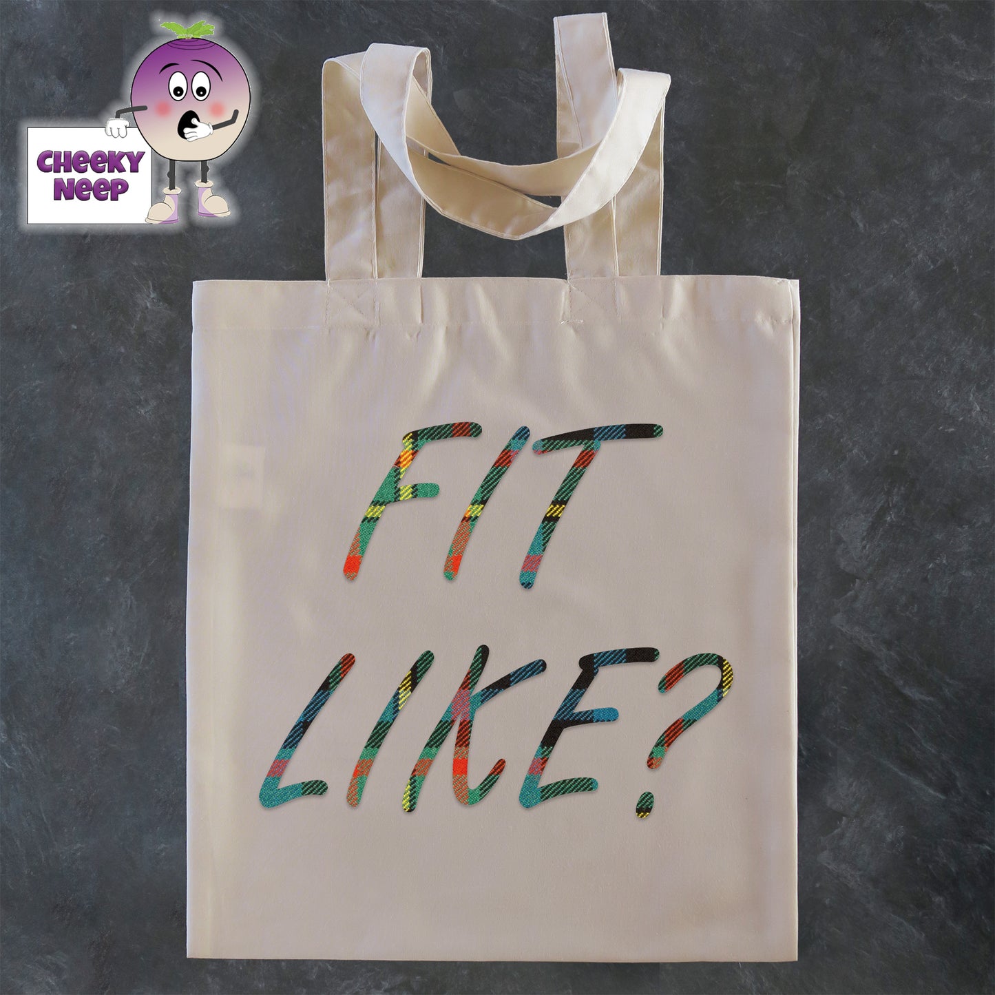 Tote Shopping bag in natural with the words "Fit Like?" printed on the bag