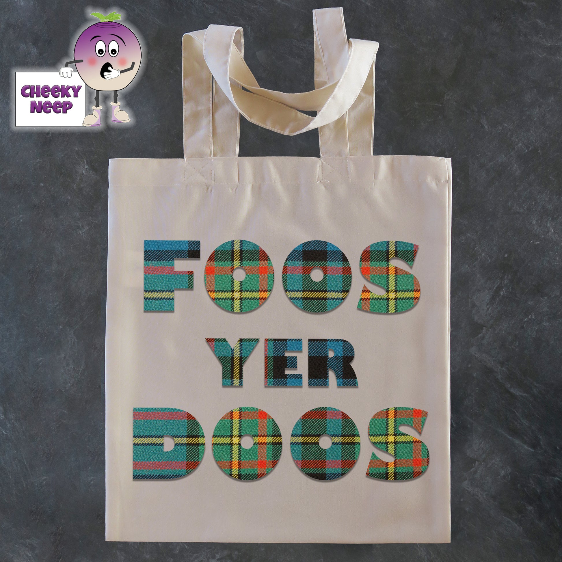 Tote Shopping bag in natural with the words "Foos Yer Doos" printed on the bag