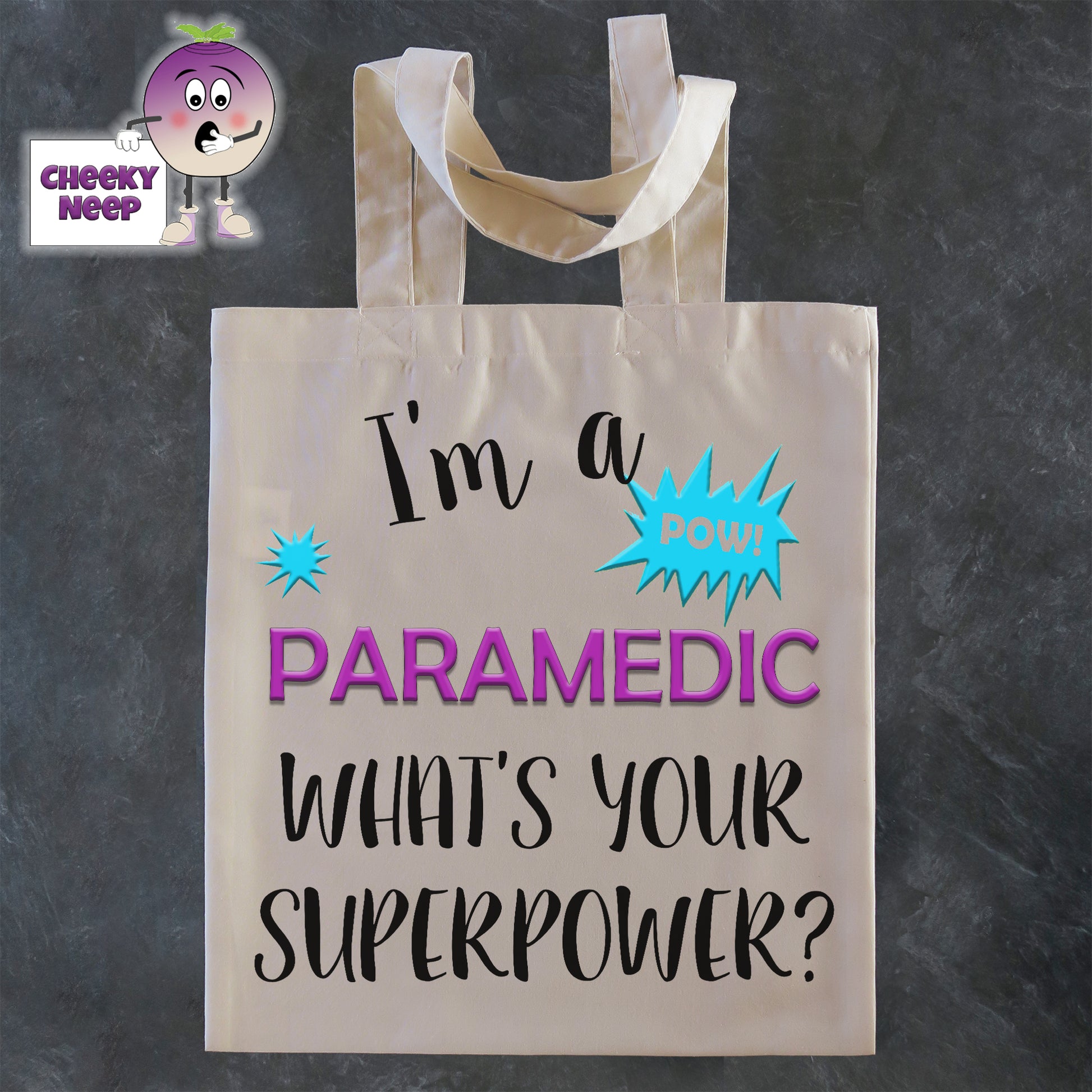 Tote Shopping bag in natural with the words "I'm a paramedic what's your superpower?" printed on the bag