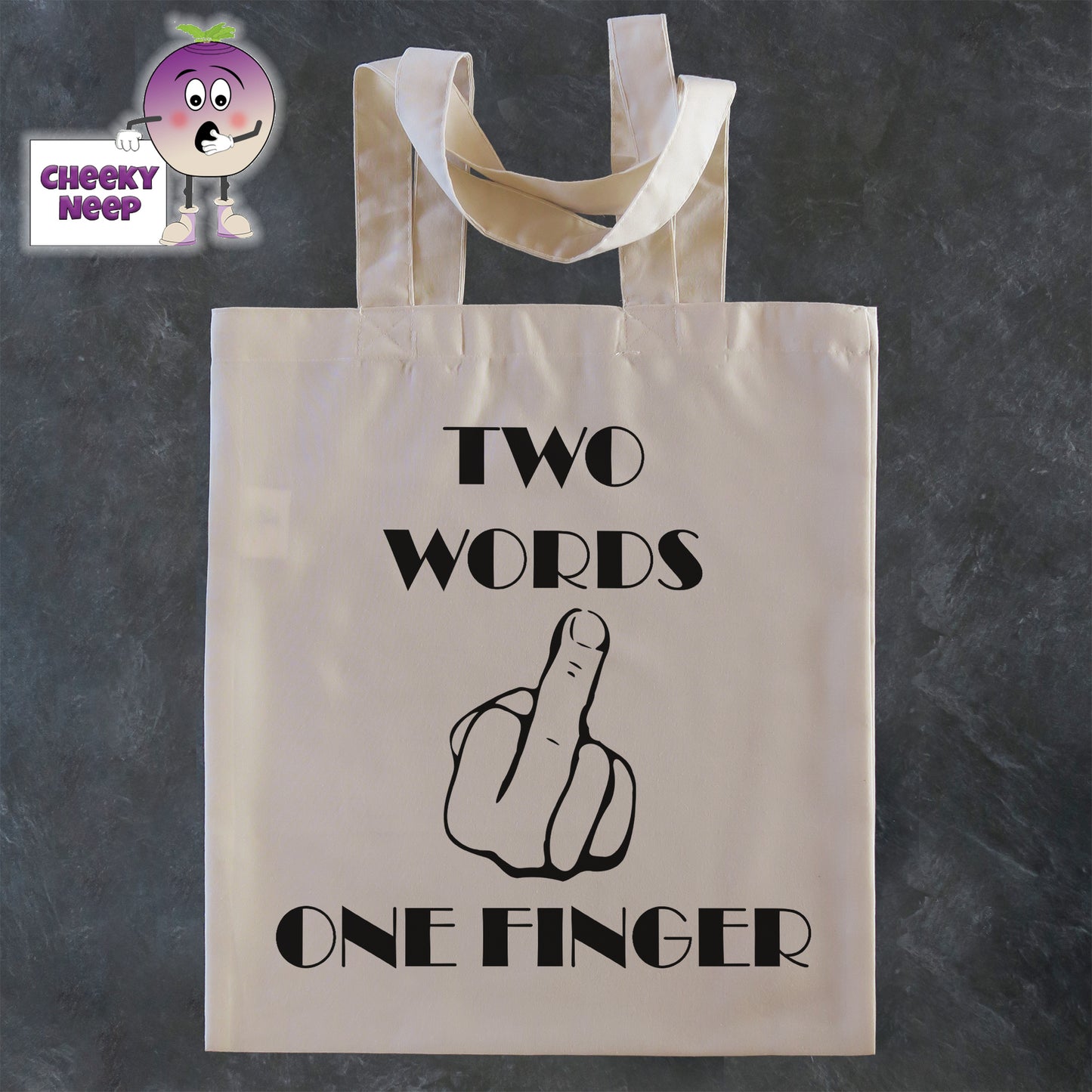 Tote Shopping bag in natural with the words "Two Words One Finger" printed on the bag