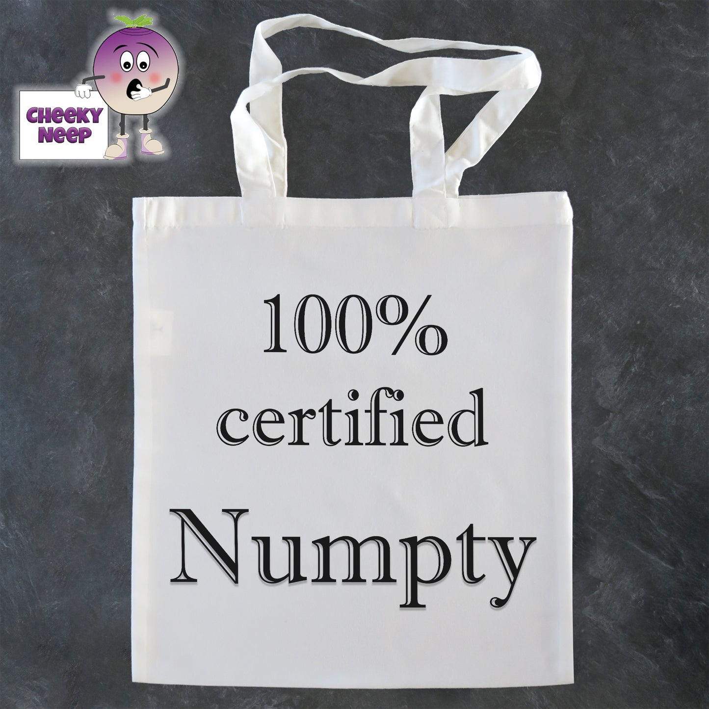 Tote Shopping bag in white with the words "100% Certified Numpty" printed on the bag