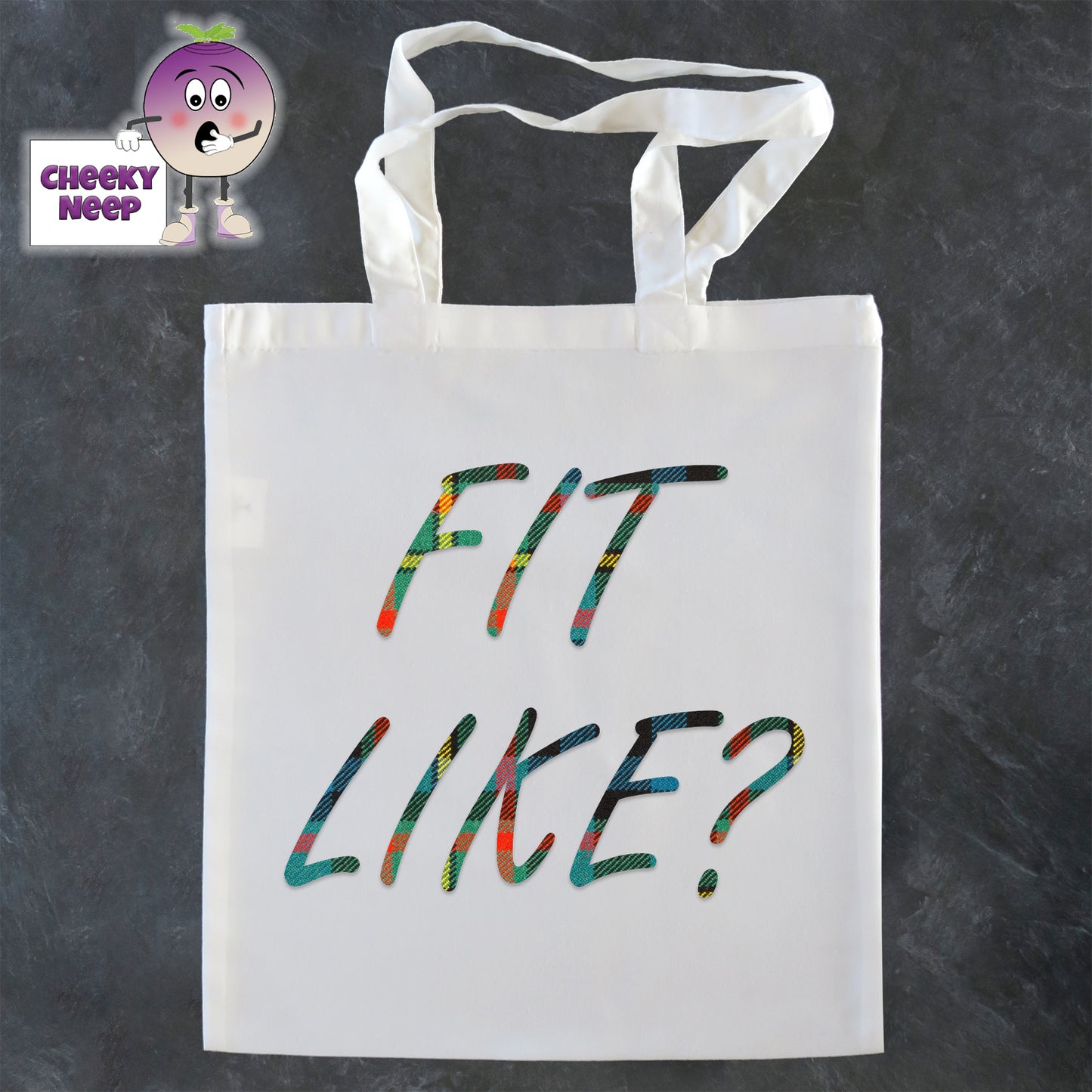 Tote Shopping bag in white with the words "Fit Like?" printed on the bag