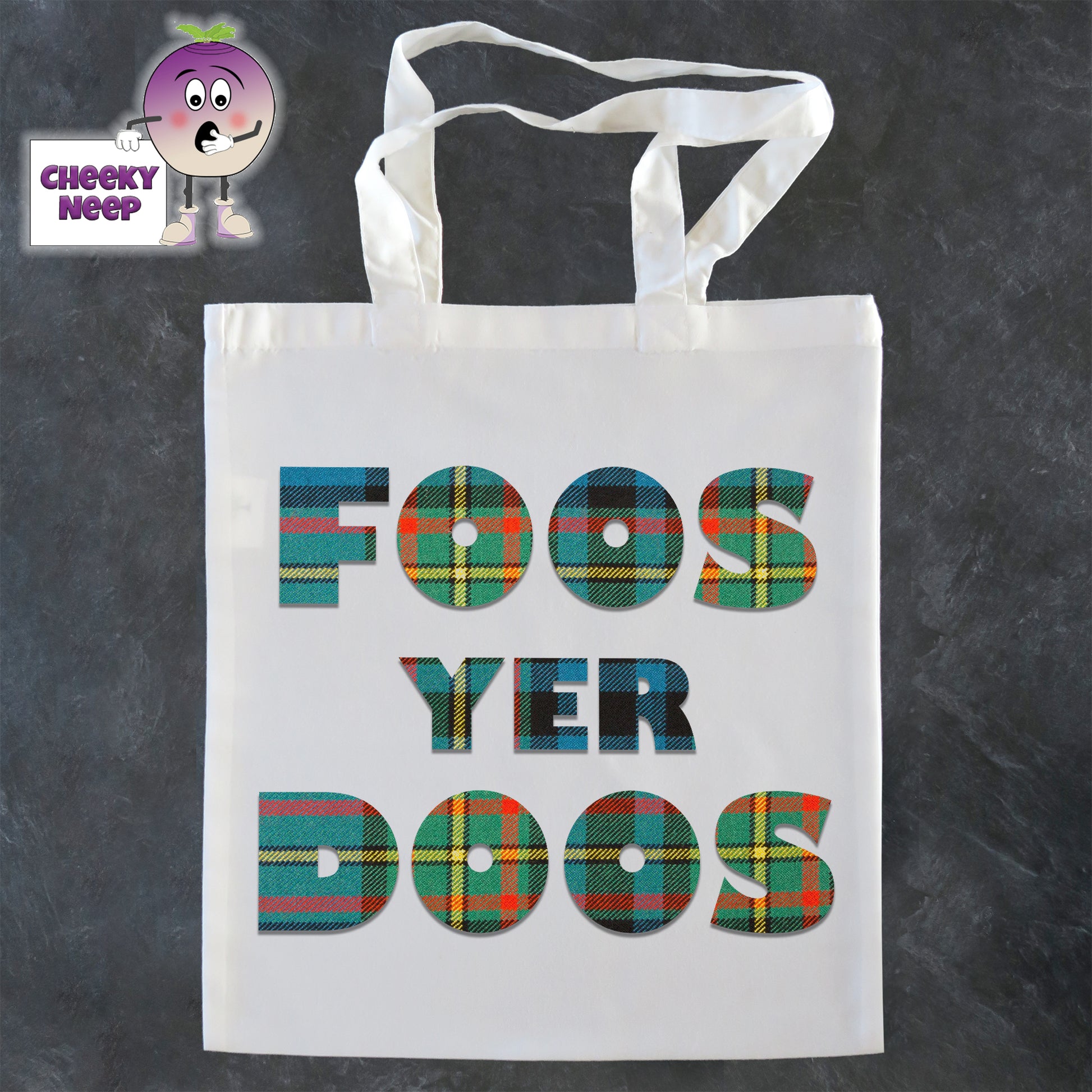 Tote Shopping bag in white with the words "Foos Yer Doos" printed on the bag